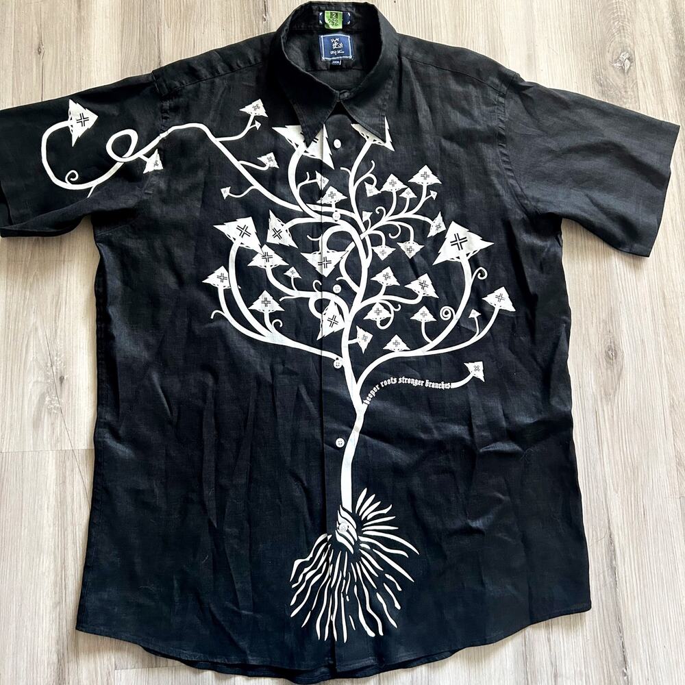 LRG Lifted Research Group Tree “Deeper Roots”Linen Black Button Down Mens Sz 3XL